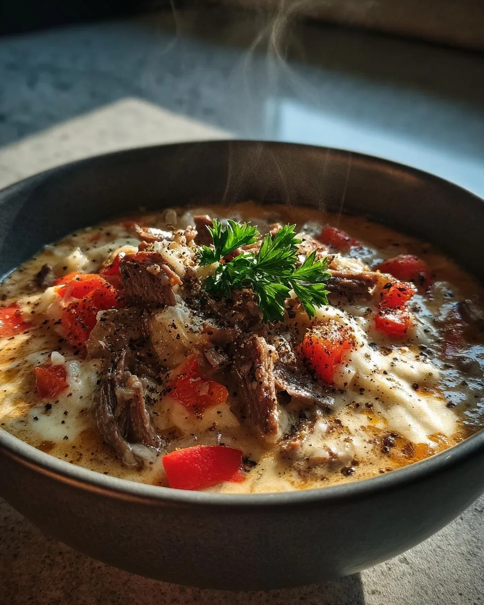 Keto Crockpot Philly Cheesesteak Soup - detail 1