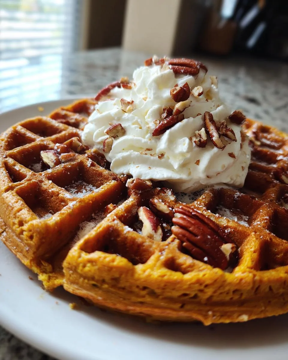 Pumpkin Waffles with Whipped Cream and Pecans - detail 1