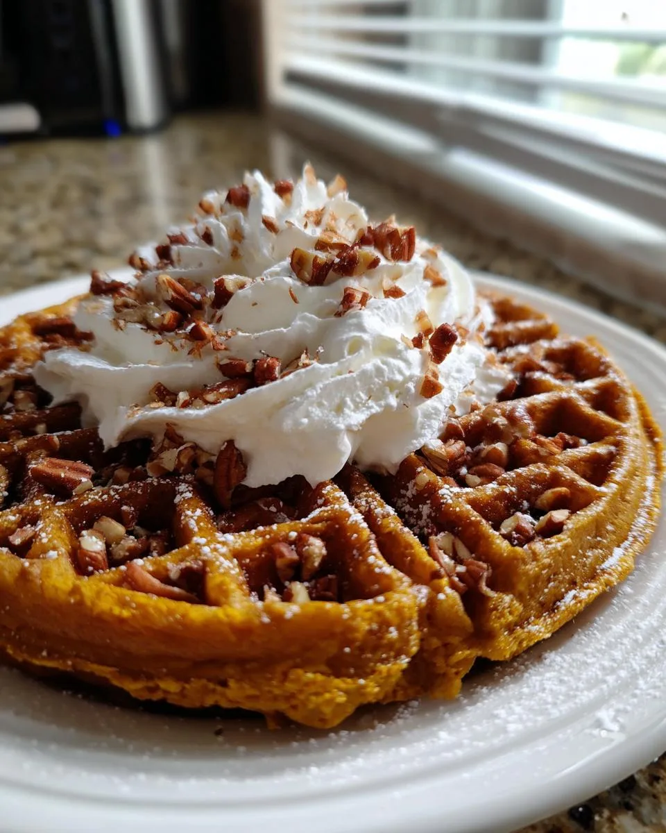 Pumpkin Waffles with Whipped Cream and Pecans - detail 2