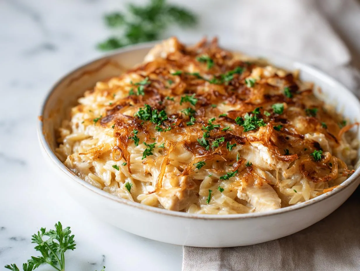 French Onion Chicken Orzo Casserole
