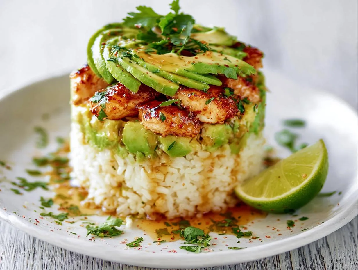 Recipe Kitchen Hub - Easy Slow Cooker Recipes 18 Honey Lime Chicken & Avocado Rice Stack